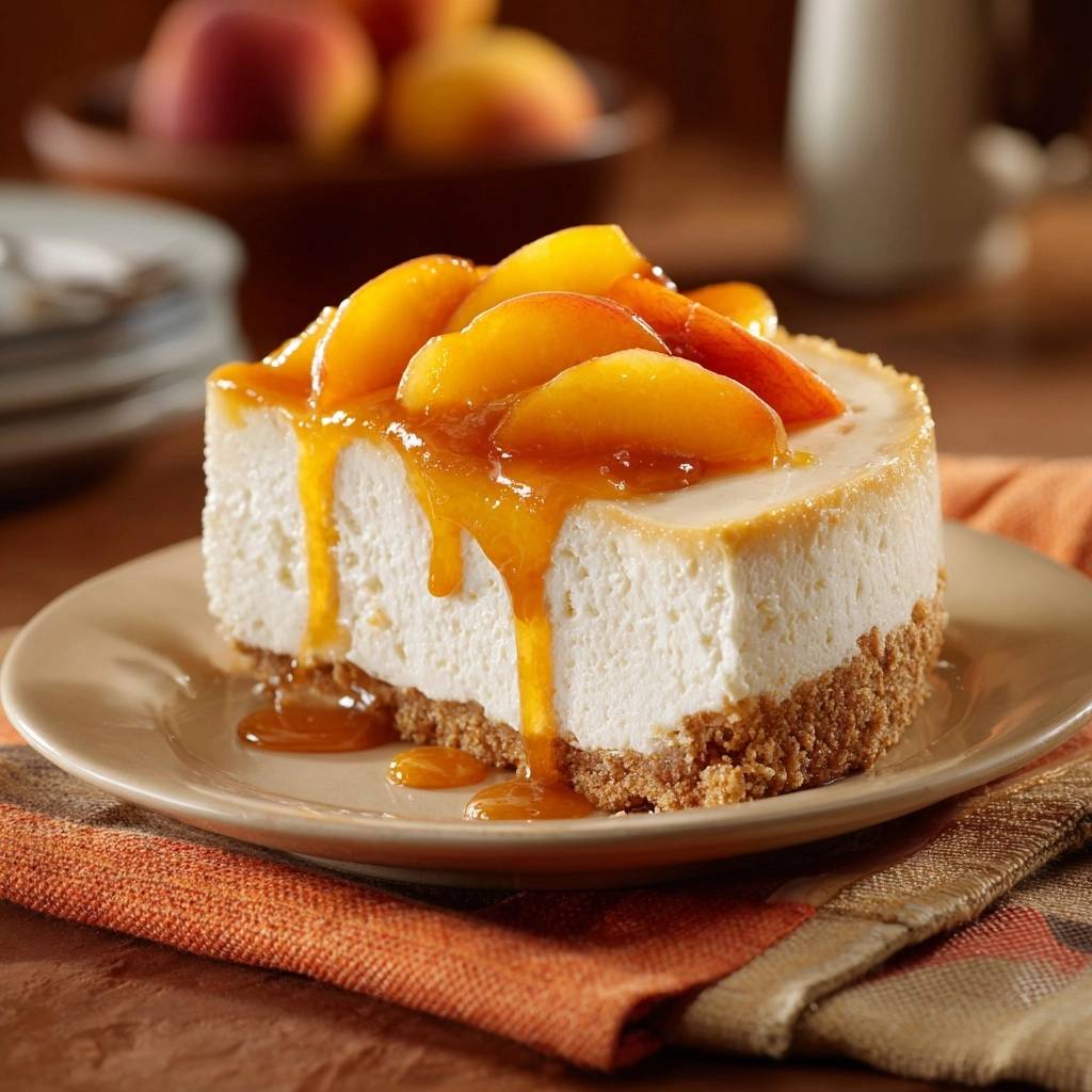 Cremiger Pfirsich-Cheesecake serviert auf einem Teller, mit frischen Pfirsichscheiben und köstlichem Karamell-Guss. Ein einzelnes Stück, das zum Genießen einlädt.