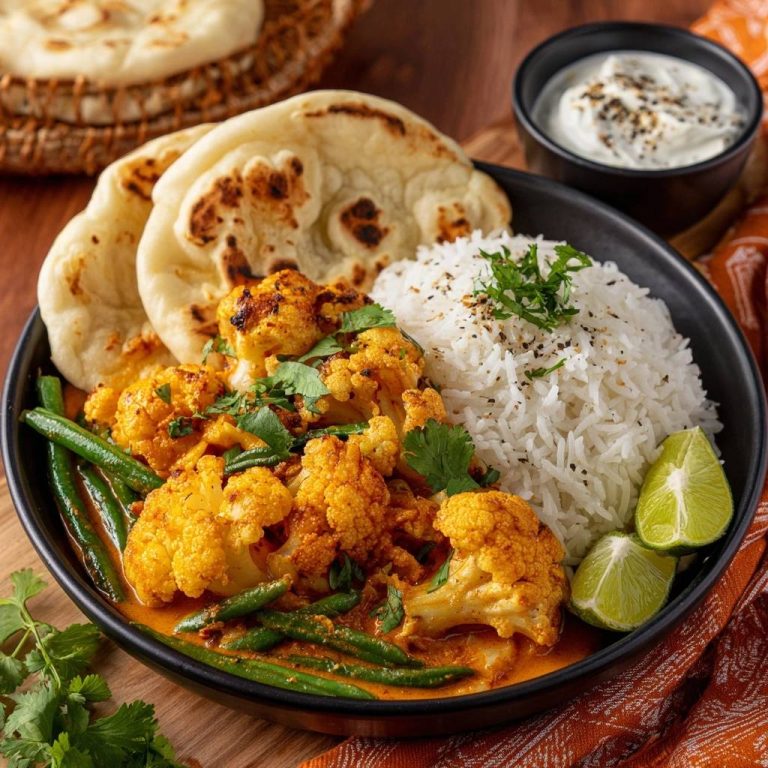 Cremiges Blumenkohl-Curry mit grünen Bohnen serviert in einer schwarzen Schüssel, mit Naan-Brot, Reis und Limetten-Spalten.