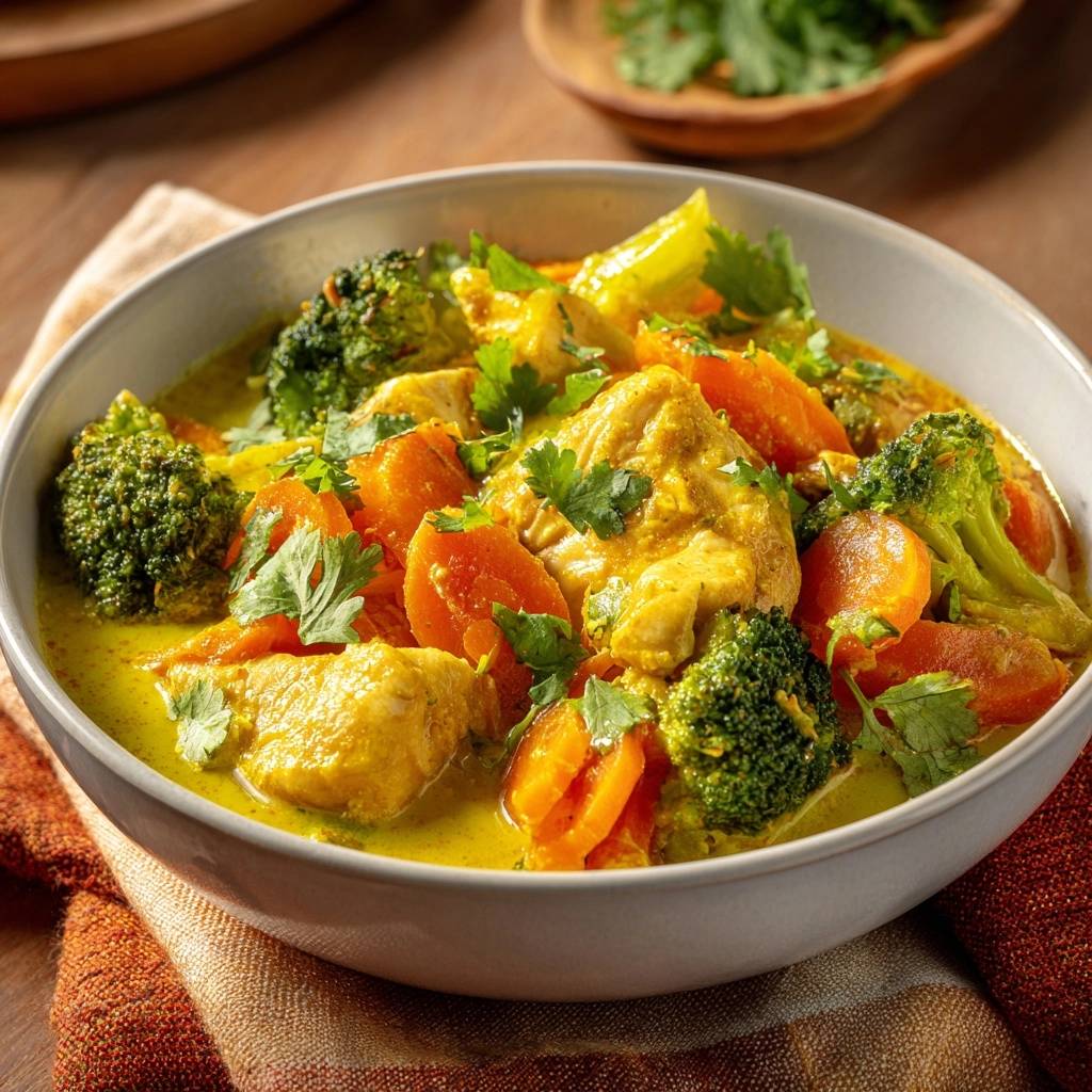 Cremiges gelbes Hähnchen-Curry mit Brokkoli & Karotten in einer Schüssel serviert, garniert mit frischer Petersilie, bereit zum Genießen.
