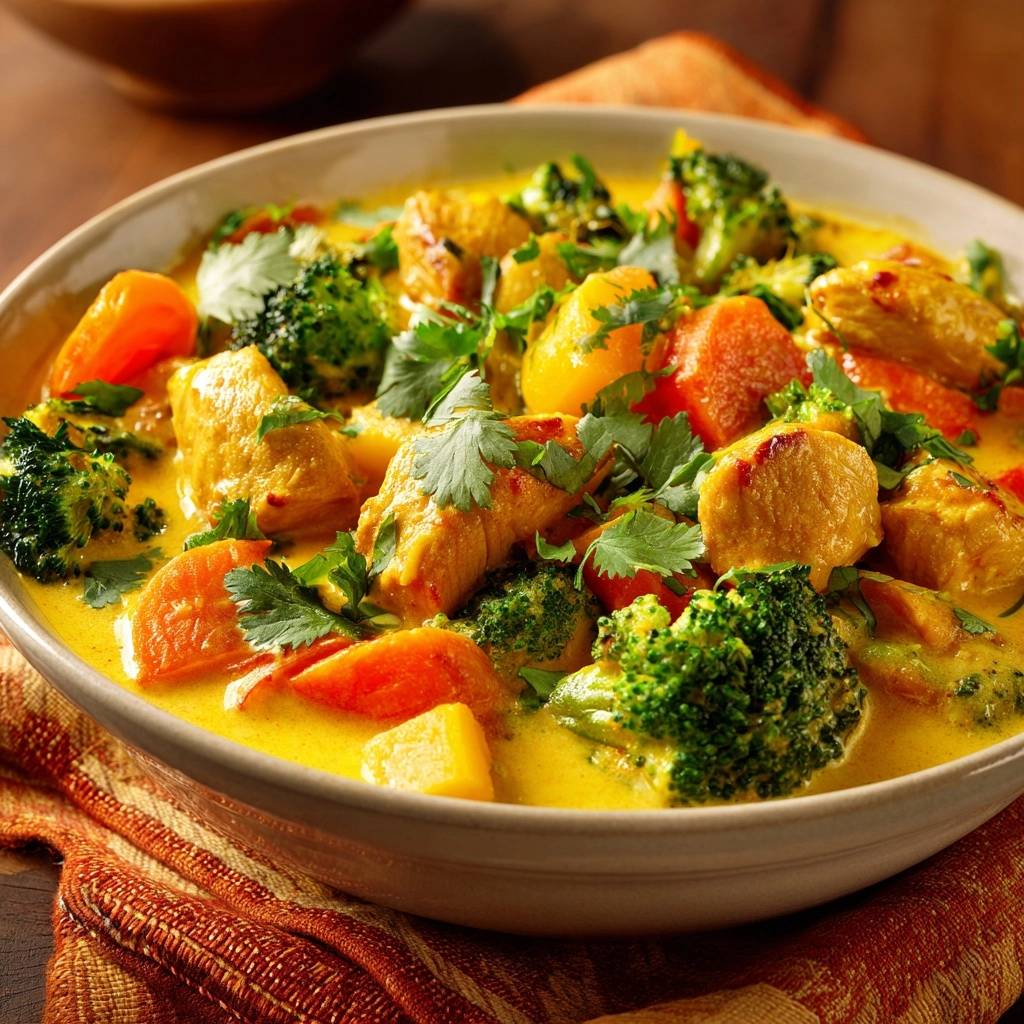 Cremiges Gelbes Huhn Curry Mit Brokkoli Und Karotten Nahaufn 1 Cremiges gelbes Hähnchen-Curry mit Brokkoli & Karotten in einer Nahaufnahme, garniert mit frischen Kräutern, die die leuchtenden Farben des Gerichts hervorheben.