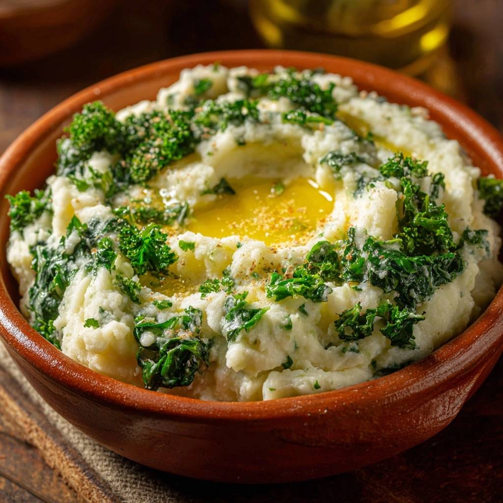 Cremiges Grünkohl-Kartoffelpüree, serviert in einer rustikalen Schüssel, mit frischem Grünkohl garniert und mit Olivenöl beträufelt.