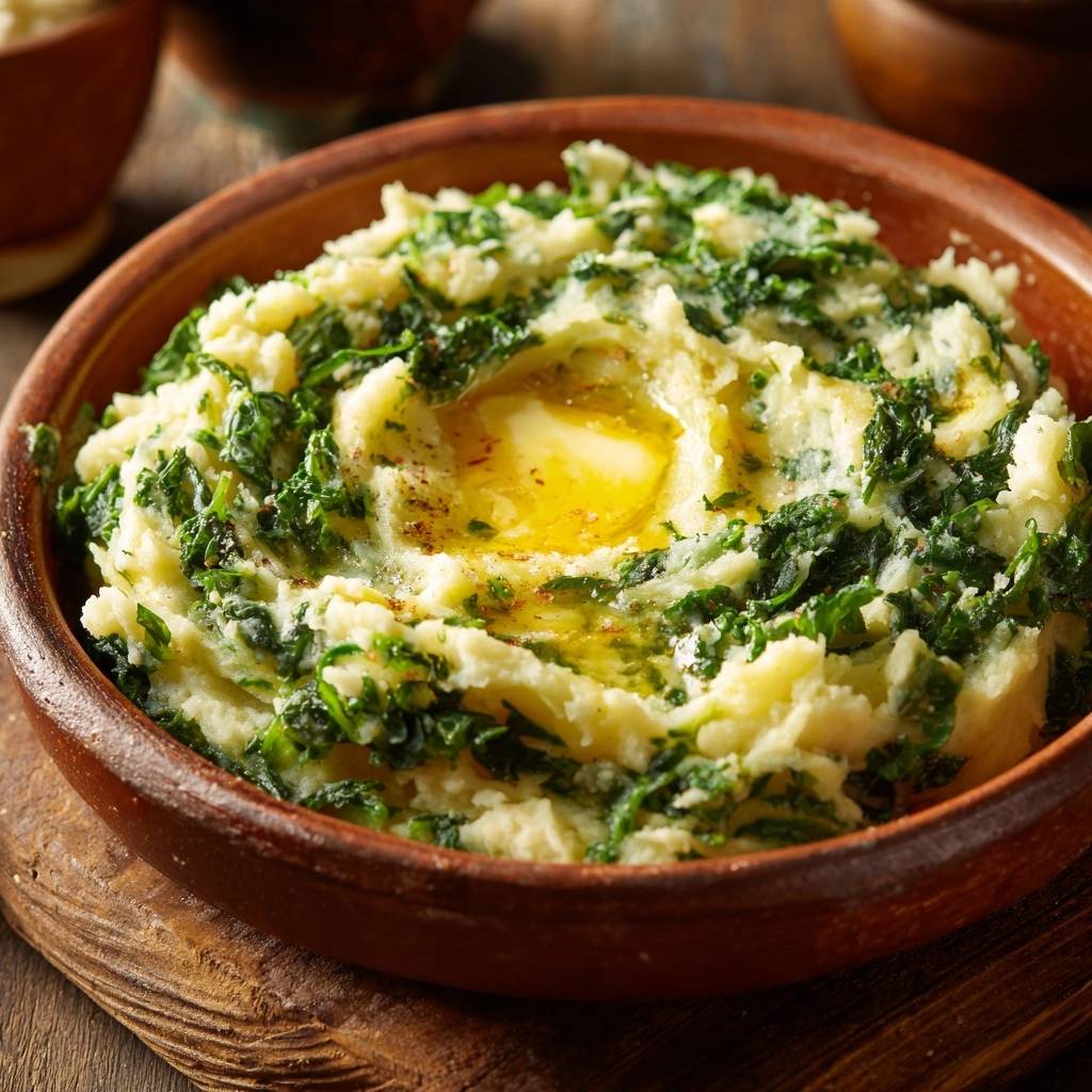 Cremiges Gruenkohl Kartoffelpueree Mit Butter Draufsicht 1 Cremiges Grünkohl-Kartoffelpüree, serviert in einer rustikalen Schüssel, mit geschmolzener Butter und einer Draufsicht auf die cremige Textur.