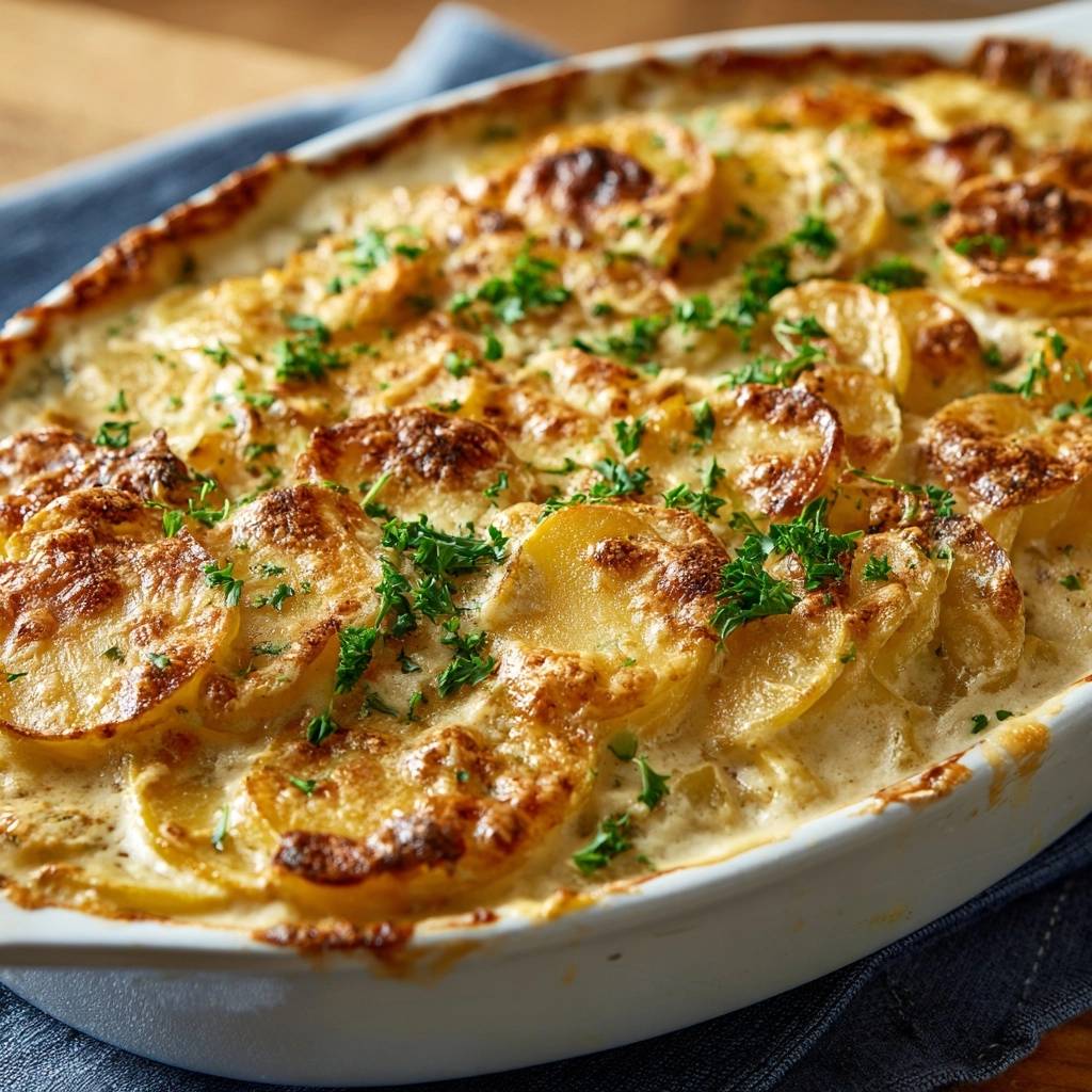 Cremiges Kartoffelgratin, von oben gesehen, garniert mit frischer Petersilie und goldbraun gebacken in einer Auflaufform.