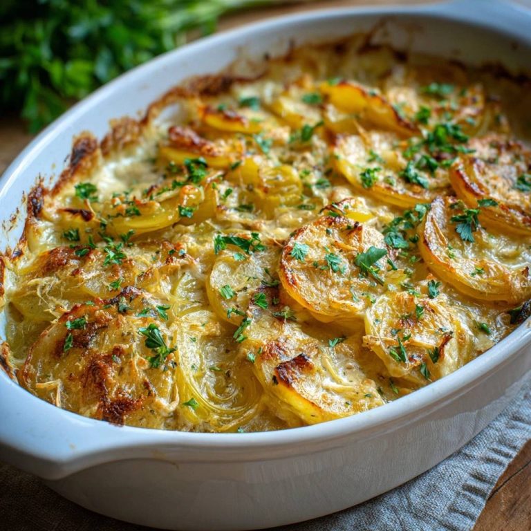 Cremiges Kartoffelgratin in einer Auflaufform, serviert mit frischen Kräutern, die auf der goldbraunen Oberfläche verteilt sind.