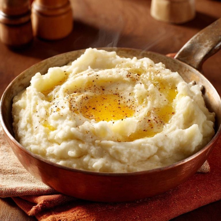 Cremiges Kartoffelpüree in einer Kupferpfanne, serviert und mit geschmolzener Butter beträufelt, die einen köstlichen Geschmack verspricht.