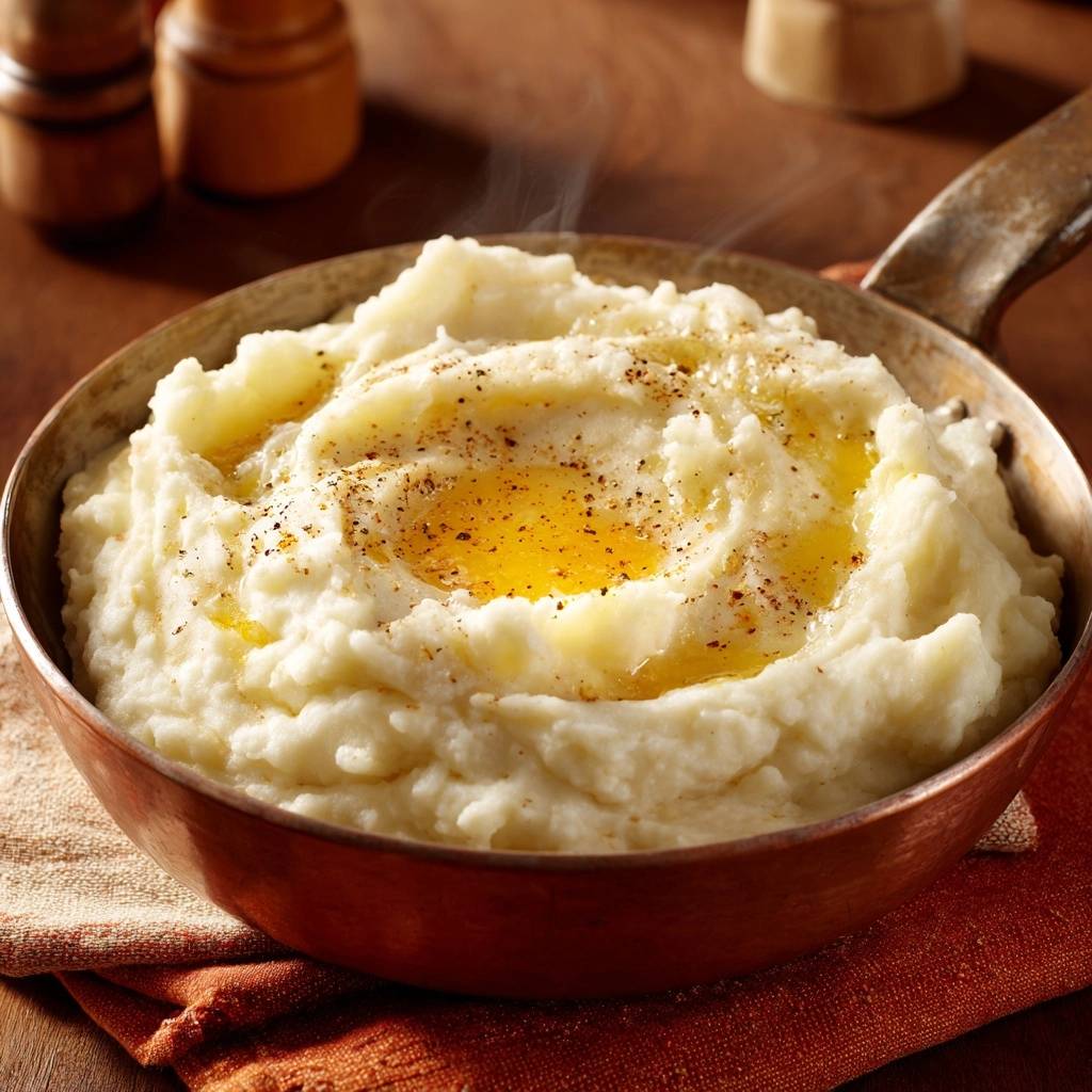 Cremiges Kartoffelpüree in einer Kupferpfanne, serviert und mit geschmolzener Butter beträufelt, die einen köstlichen Geschmack verspricht.