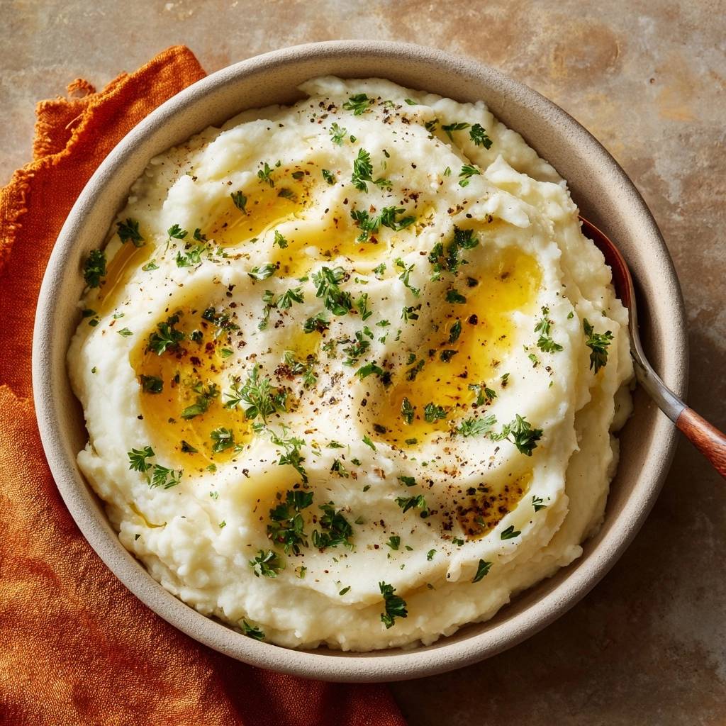 Cremiges Kartoffelpüree, verfeinert mit Olivenöl und frischen Kräutern, präsentiert sich in einer Schüssel von oben. Ein einfaches, aber köstliches Gericht.
