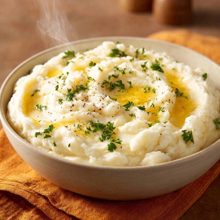 Cremiges Kartoffelpüree mit geschmolzener Butter und frischer Petersilie in einer Schüssel serviert, aus der Dampf aufsteigt.