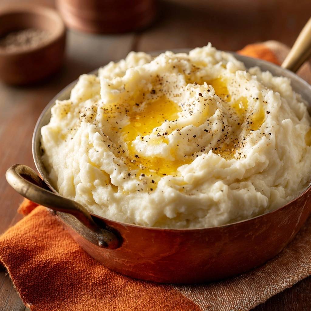Cremiges Kartoffelpuree Serviert Mit Butter 1 Cremiges Kartoffelpüree serviert in einer Kupferpfanne, garniert mit geschmolzener Butter und frisch gemahlenem Pfeffer.