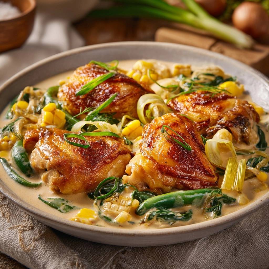 Cremiges Pfannenhähnchen mit Mais und Frühlingszwiebeln, serviert in einer cremigen Soße, garniert mit frischen Kräutern.