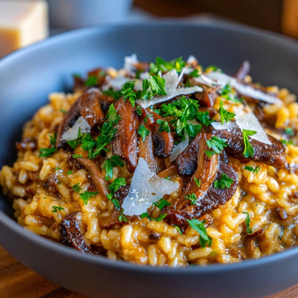 Cremiges Pilzrisotto Draufsicht Serviert 1 Cremiges Pilzrisotto in einer Schüssel serviert, garniert mit frischer Petersilie und Parmesan-Flocken. Ein köstliches vegetarisches Gericht.
