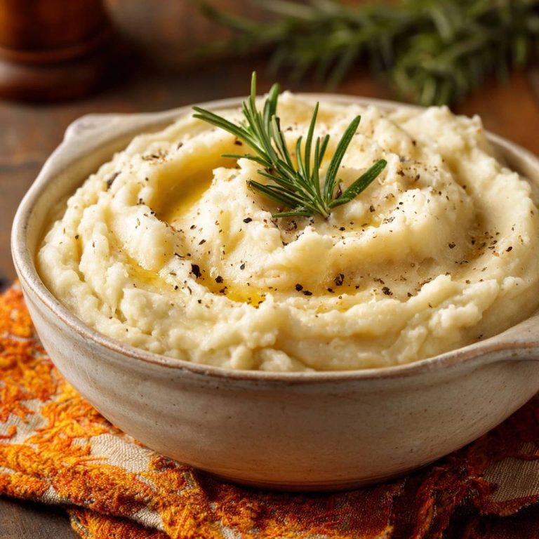 Cremiges Rosmarin-Kartoffelpüree, garniert mit frischem Rosmarinzweig und Pfeffer, serviert in einer rustikalen Schüssel.