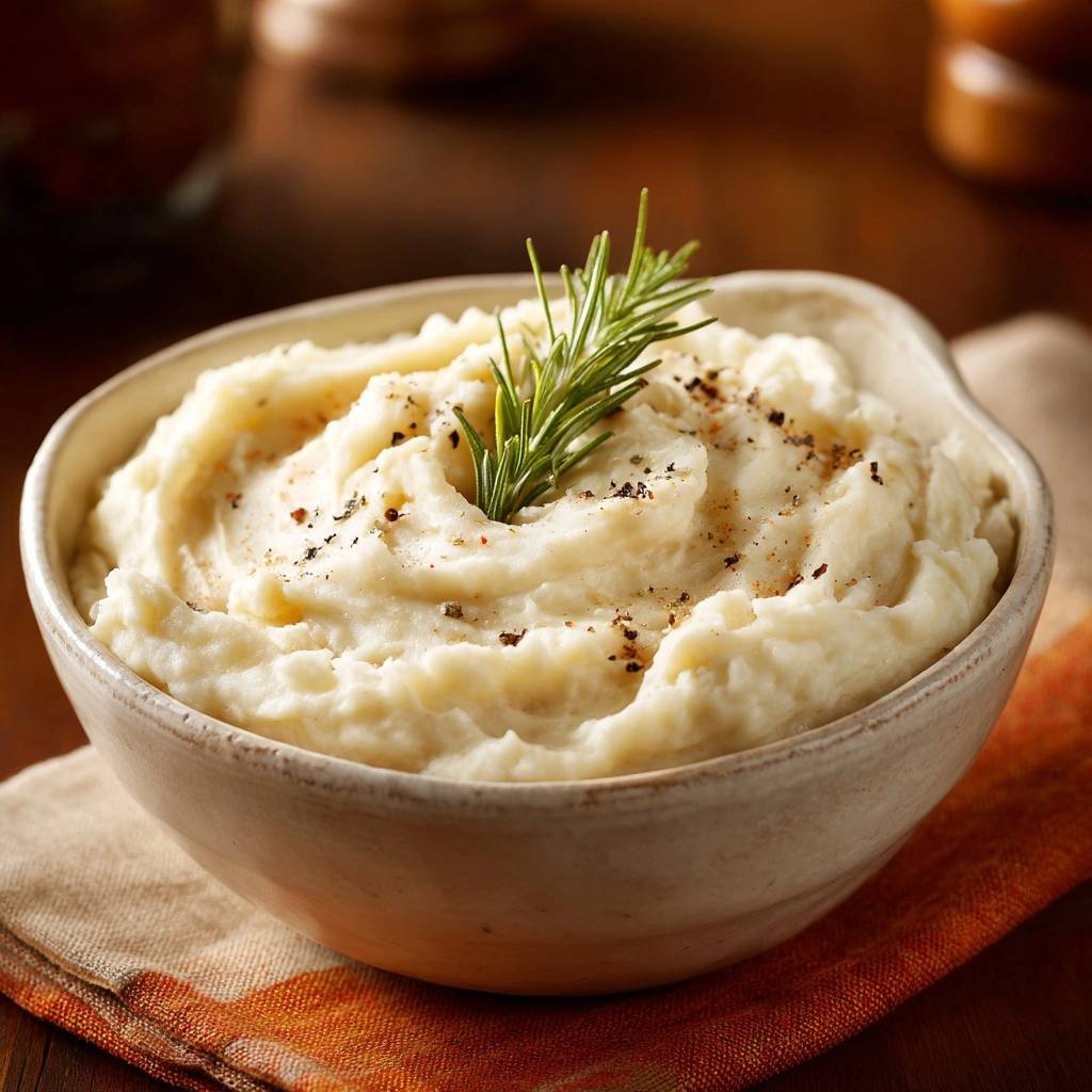 Cremiges Rosmarin Kartoffelpuree Nahaufnahme Garniert 1 Cremiges Rosmarin-Kartoffelpüree, verfeinert mit frischem Rosmarinzweig und Gewürzen, präsentiert sich in einer rustikalen Schale. Ein köstliches Gericht, das garantiert ohne Klumpen gelingt.