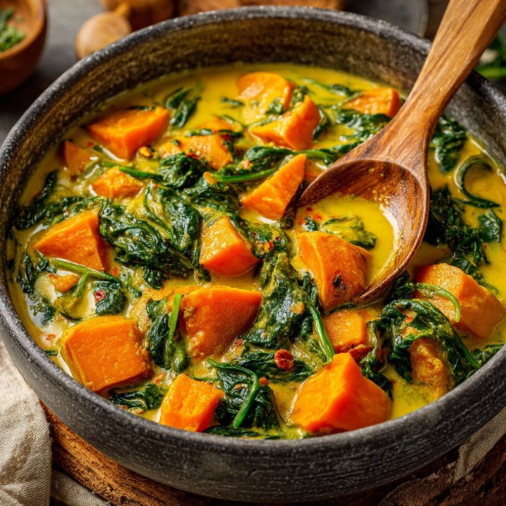 Cremiges Suesskartoffel Spinat Curry Nahaufnahme Mit Lffel 1 Cremiges Süßkartoffel-Spinat-Curry in einer dunklen Schüssel, serviert mit einem Holzlöffel, zeigt die cremige Konsistenz.