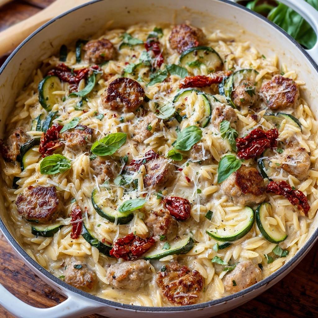Cremiges Zucchini Orzo Mit Wurst Draufsicht 1 Cremiges Zucchini-Orzo mit Wurst zeigt eine Nahaufnahme der fertigen Mahlzeit, garniert mit frischem Basilikum und sonnengetrockneten Tomaten.