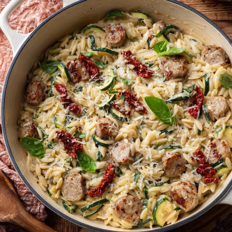 Cremiges Zucchini-Orzo mit Wurst, serviert in einer Pfanne, mit sonnengetrockneten Tomaten, Zucchini und frischem Basilikum garniert.