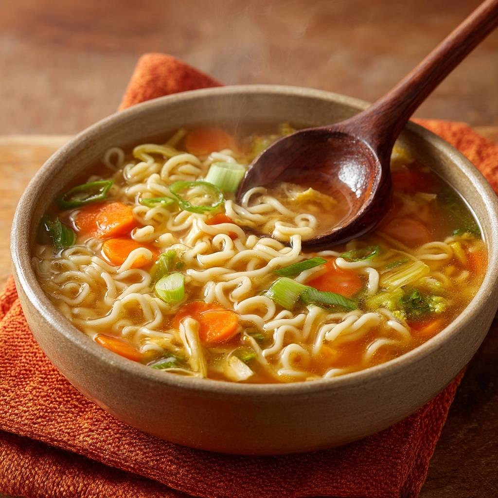 Dampfende Gemuese Ramen Suppe Nahaufnahme Mit Lffel 1 Dampfende Gemüse-Ramen-Suppe in einer Schüssel, Nahaufnahme mit einem Löffel, der die dampfende Brühe und die Nudeln aufnimmt.