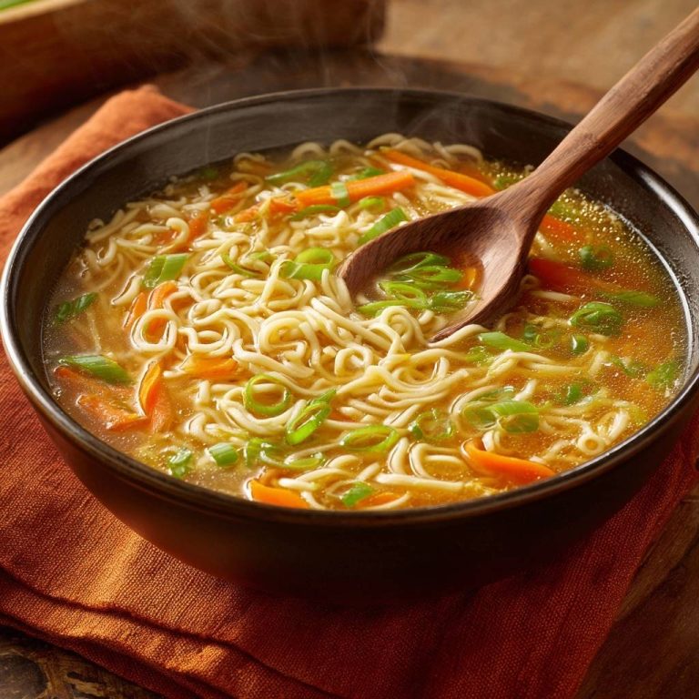Dampfende Gemüse-Ramen-Suppe in einer schwarzen Schüssel, Nahaufnahme mit einem Holzlöffel, der die Zutaten zeigt. Die Nudeln sind perfekt.