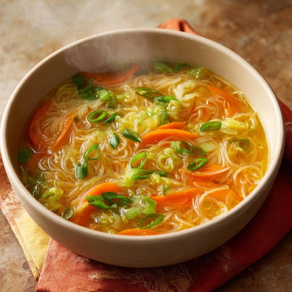 Dampfende Karotten-Glasnudel-Suppe in einer Schüssel aus nächster Nähe betrachtet, mit frischem, dampfendem Gemüse und Nudeln.