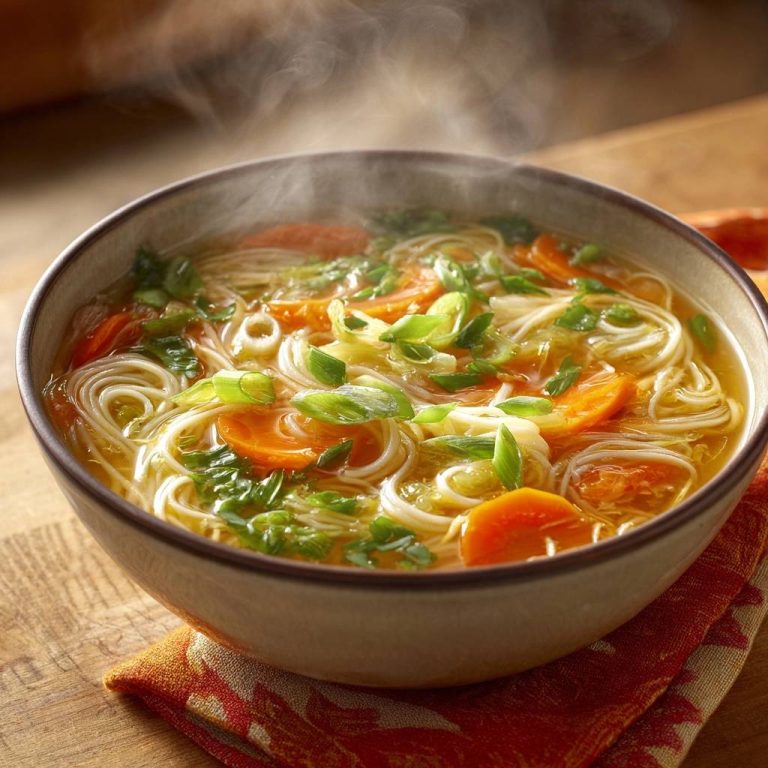 Dampfende Karotten-Glasnudel-Suppe in Nahaufnahme, dampfend heiß serviert mit frischen Kräutern und Karottenscheiben. Ein köstliches und wärmendes Gericht.