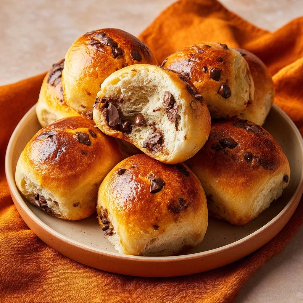 Fluffige Schoko-Brötchen in Nahaufnahme, mit einem Brötchen, das einen köstlichen Querschnitt mit geschmolzener Schokolade zeigt.