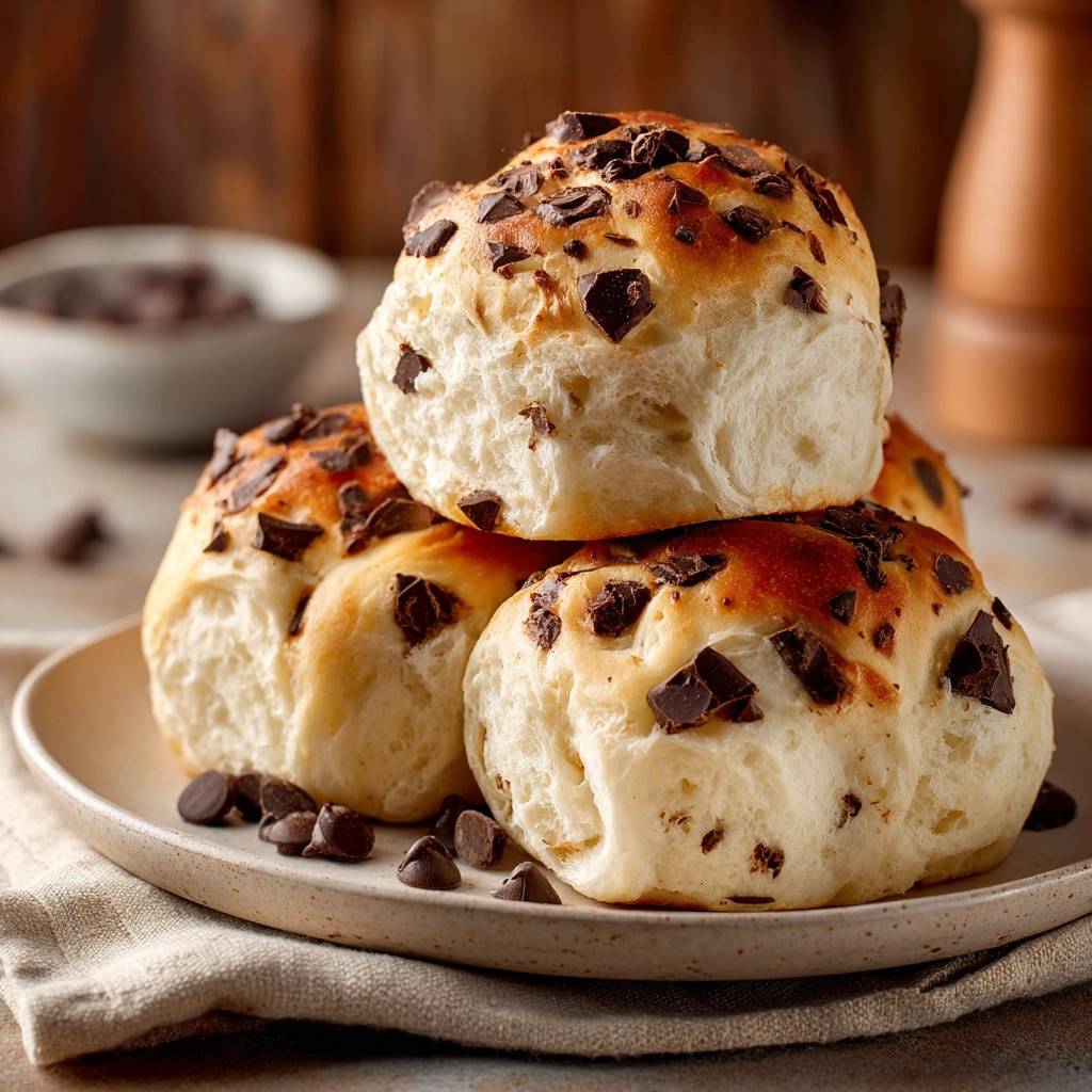 Fluffige Schoko-Chip-Brötchen sind auf einem Teller gestapelt, mit Schokoladenstückchen bedeckt und in Nahaufnahme fotografiert.