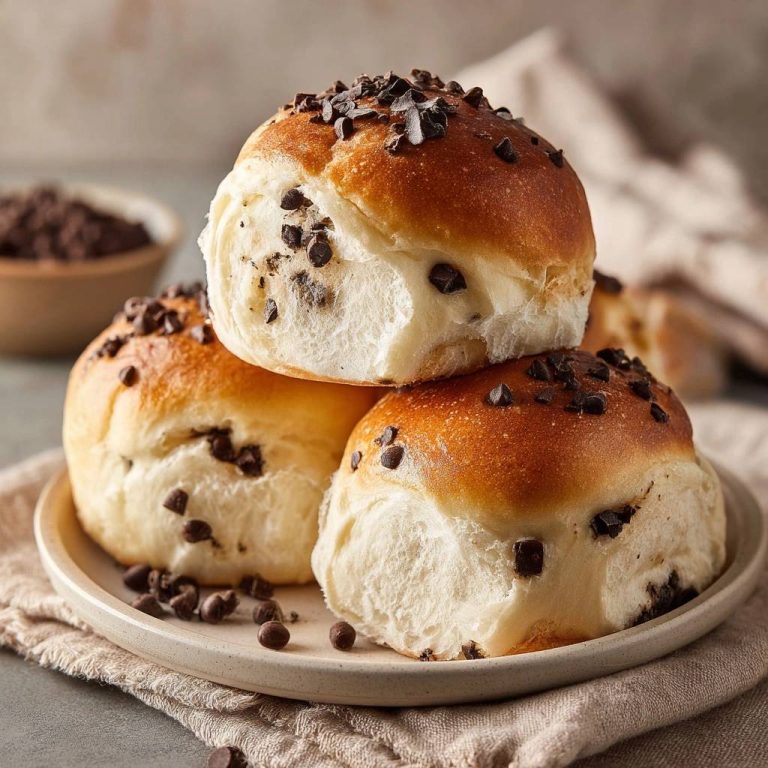 Fluffige Schoko-Chip-Brötchen, gestapelt auf einem Teller, mit Schokostückchen garniert. Die Brötchen sind frisch gebacken und haben eine goldbraune Kruste.