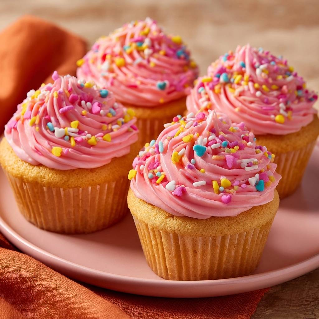 Fluffige Vanille Cupcakes Mit Erdbeer Frosting Nahaufnahme 1 Fluffige Vanille-Cupcakes mit Erdbeer-Frosting in Nahaufnahme, dekoriert mit bunten Streuseln und Herzen auf einem rosa Teller.
