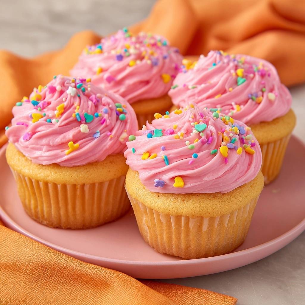 Fluffige Vanille-Cupcakes mit Erdbeer-Frosting in Nahaufnahme, dekoriert mit bunten Streuseln, serviert auf einem rosafarbenen Teller.
