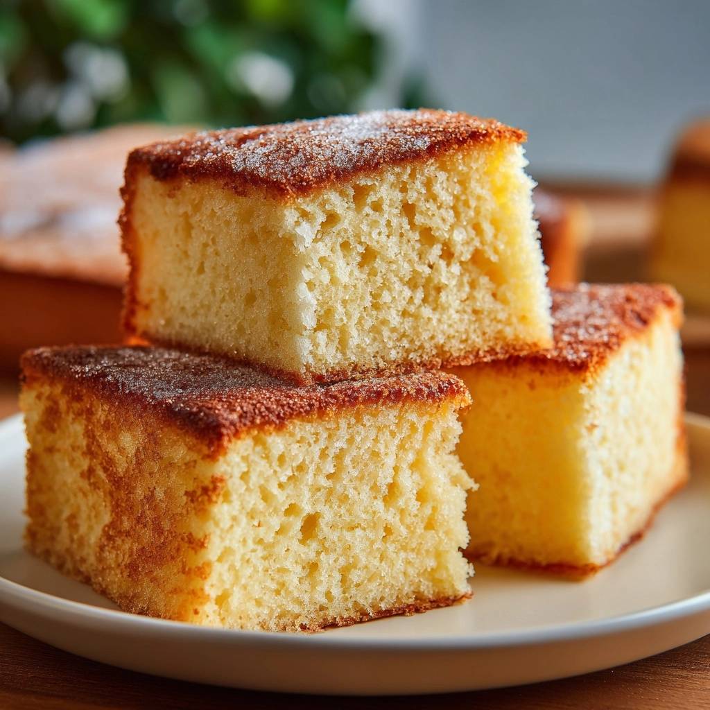 Fluffiger Rührkuchen in Nahaufnahme: Drei Stücke auf einem Teller gestapelt, mit deutlicher Innenansicht und goldbrauner Kruste.