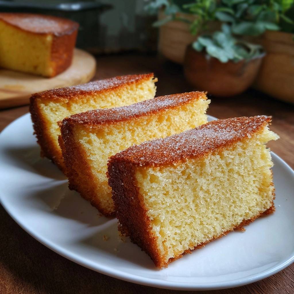 Fluffiger Rührkuchen serviert auf einem weißen Teller, mit Zucker bestreut und mit perfekter Textur. Ein köstlicher Kuchen für jede Gelegenheit.