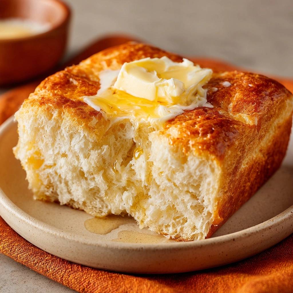 Fluffiges Butter Brioche Aus Der Form Querschnitt 1 Fluffiges Butter-Brioche aus der Form mit Butter und Honig, eine Nahaufnahme des weichen Inneren, das durch einen Anschnitt sichtbar wird.