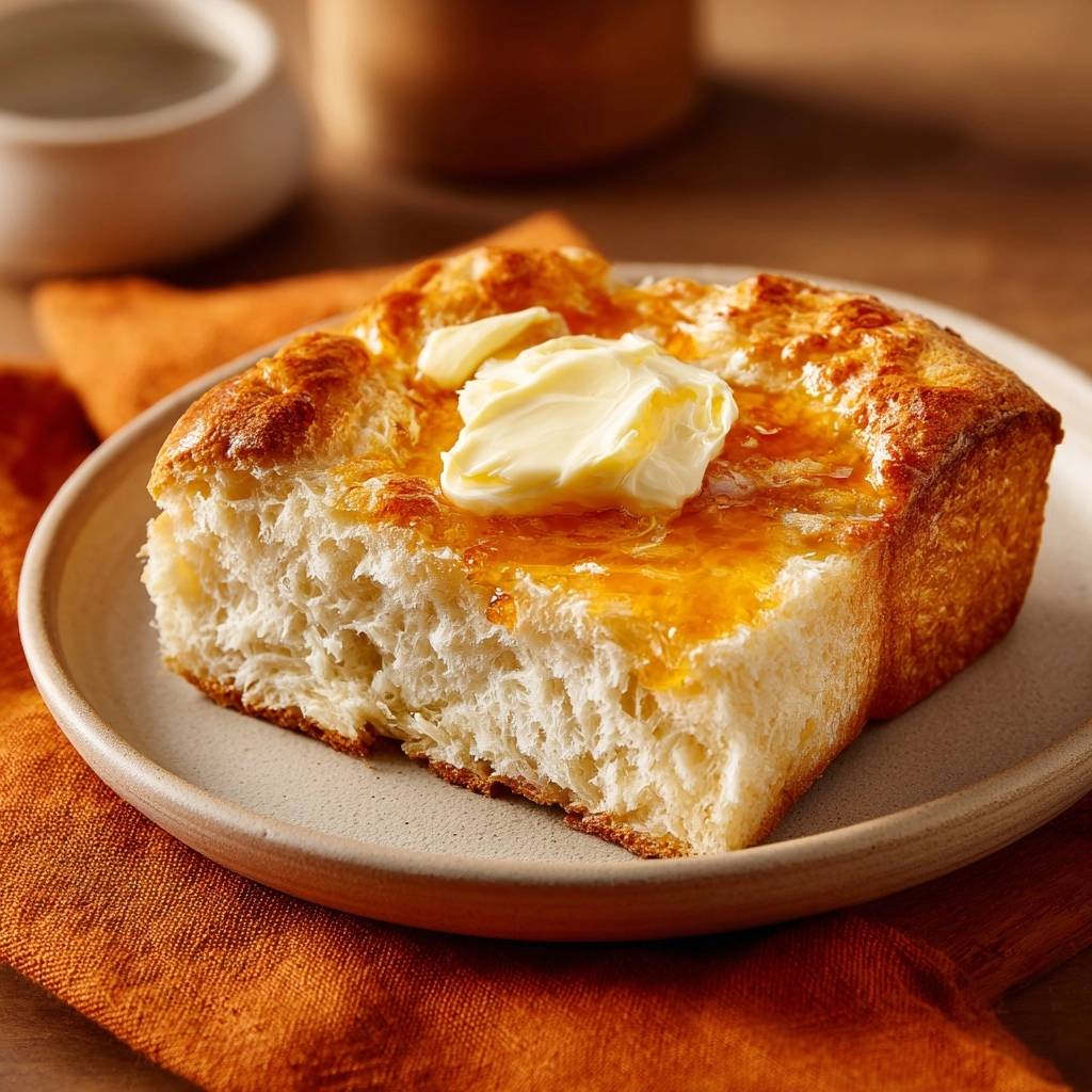 Fluffiges Butter-Brioche aus der Form mit geschmolzener Butter und Honig, serviert auf einem Teller: Nahaufnahme des Anschnitts.