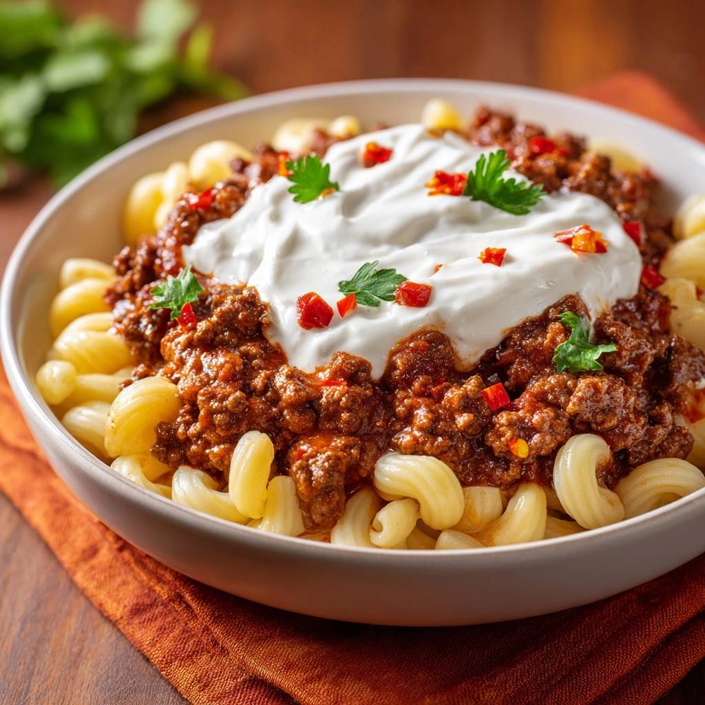 Fusilli mit Hacksoße und Joghurt-Topping in Nahaufnahme: Eine Schüssel voller Pasta mit Hackfleisch und einem großzügigen Klecks Joghurt.