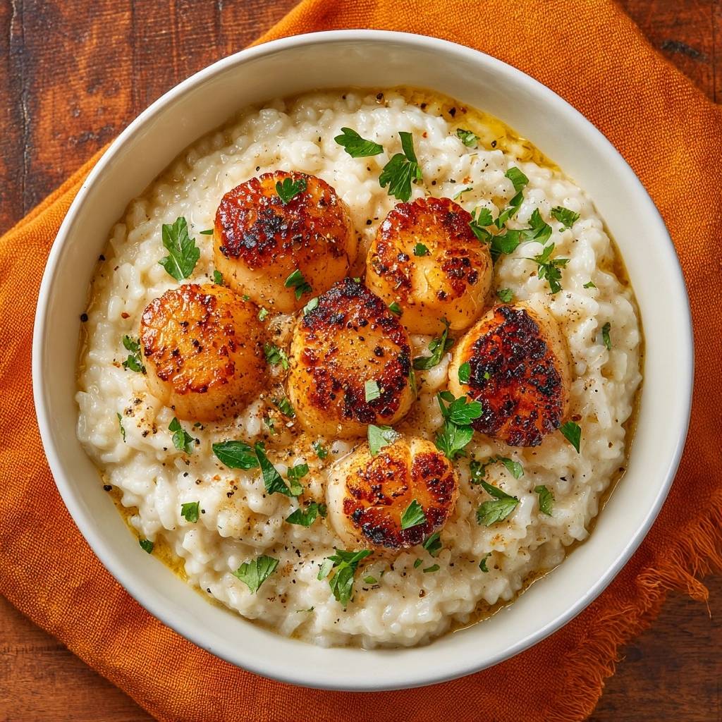 Gebratene Jakobsmuscheln Auf Cremigem Risotto Draufsicht 1 Gebratene Jakobsmuscheln auf cremigem Risotto in einer Schüssel, serviert mit frischen Kräutern und köstlich gebratenen Jakobsmuscheln.