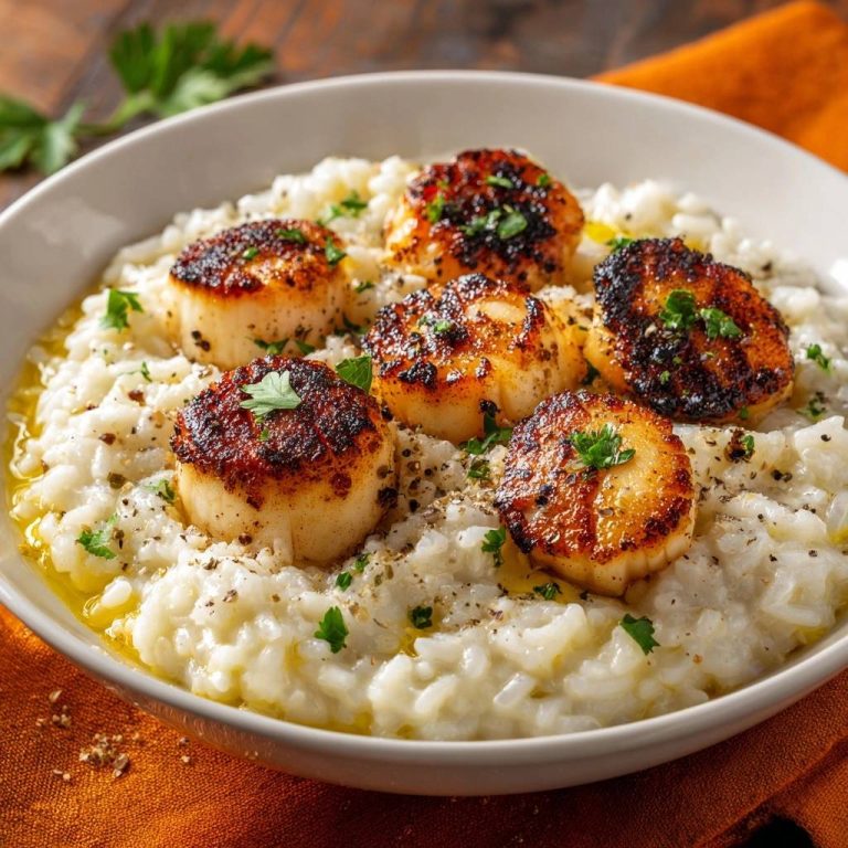 Gebratene Jakobsmuscheln auf cremigem Risotto, serviert in einer Schüssel mit Petersilie und Pfeffer garniert.