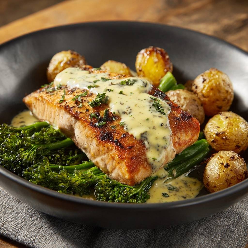 Gebratenes Lachsfilet auf wildem Brokkoli serviert in einer tiefen Schüssel, mit Röstkartoffeln und cremiger Sauce garniert.