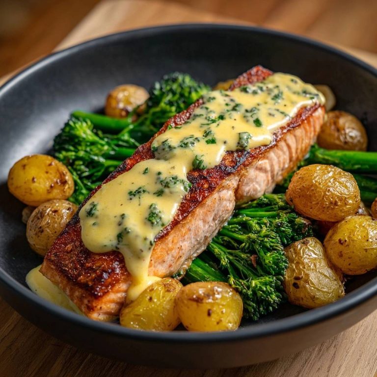 Gebratenes Lachsfilet auf wildem Brokkoli serviert in einer schwarzen Schüssel, garniert mit cremiger Sauce und goldenen Röstkartoffeln.