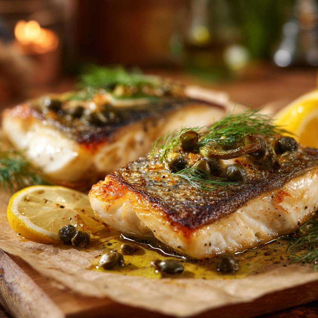 Gebratenes Zanderfilet Mit Kapernbutter Nahaufnahme 1 Gebratenes Zanderfilet mit Kapernbutter in Nahaufnahme, serviert mit Kapern, frischem Dill und Zitronenspalten auf einem rustikalen Brett.