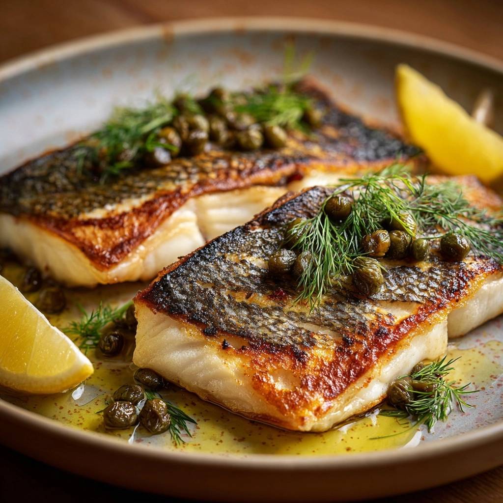Gebratenes Zanderfilet mit Kapernbutter serviert auf einem Teller, garniert mit Dill und Kapern, serviert mit einer Zitronenspalte.