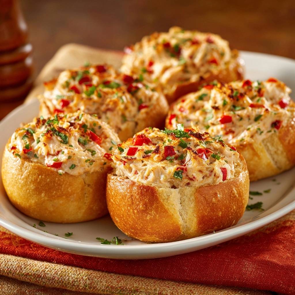 Gefuellte Kaese Paprika Brotlaibe Serviert 1 Gefüllte Käse-Paprika-Brotlaibe, serviert auf einem weißen Teller, mit frischer Petersilie und roten Paprikastückchen garniert.