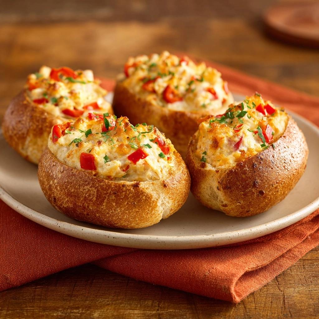 Gefüllte Käse-Paprika-Brotlaibe, serviert auf einem Teller, zeigen die köstliche Füllung und die goldbraune Kruste. Die herzhaften Brotlaibe sind mit Paprika garniert.