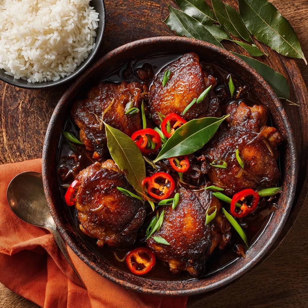 Glasiertes Chili-Hähnchen, serviert in einer rustikalen Schüssel, garniert mit frischen Chilis, Lorbeerblättern und Frühlingszwiebeln. Dazu gibt es Reis.