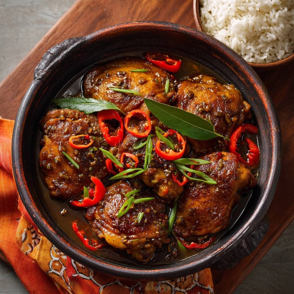 Glasiertes Chili-Hähnchen mit roten Chilis und Frühlingszwiebeln, garniert mit frischen Kräutern, serviert in einer Tonschüssel.