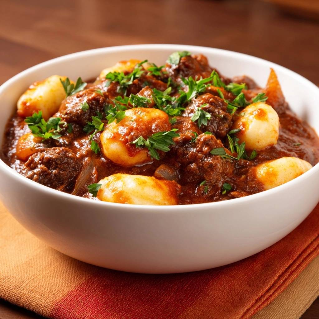 Gnocchi Bolognese Serviert 1 Gnocchi Bolognese, serviert in einer weißen Schüssel, garniert mit frischer Petersilie, ein köstliches Gericht für Feinschmecker.