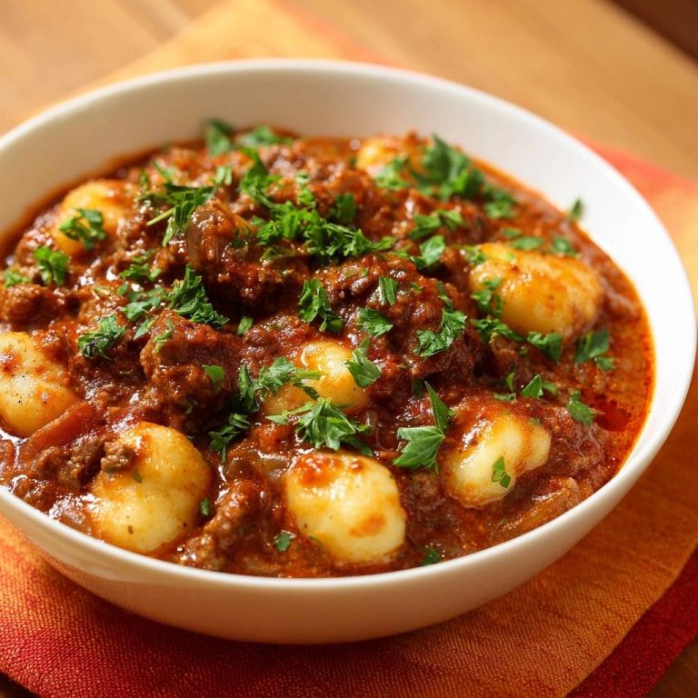 Gnocchi Bolognese in einer weißen Schüssel serviert, garniert mit frischer Petersilie in einer Nahaufnahme, die Textur und Zutaten zeigt.