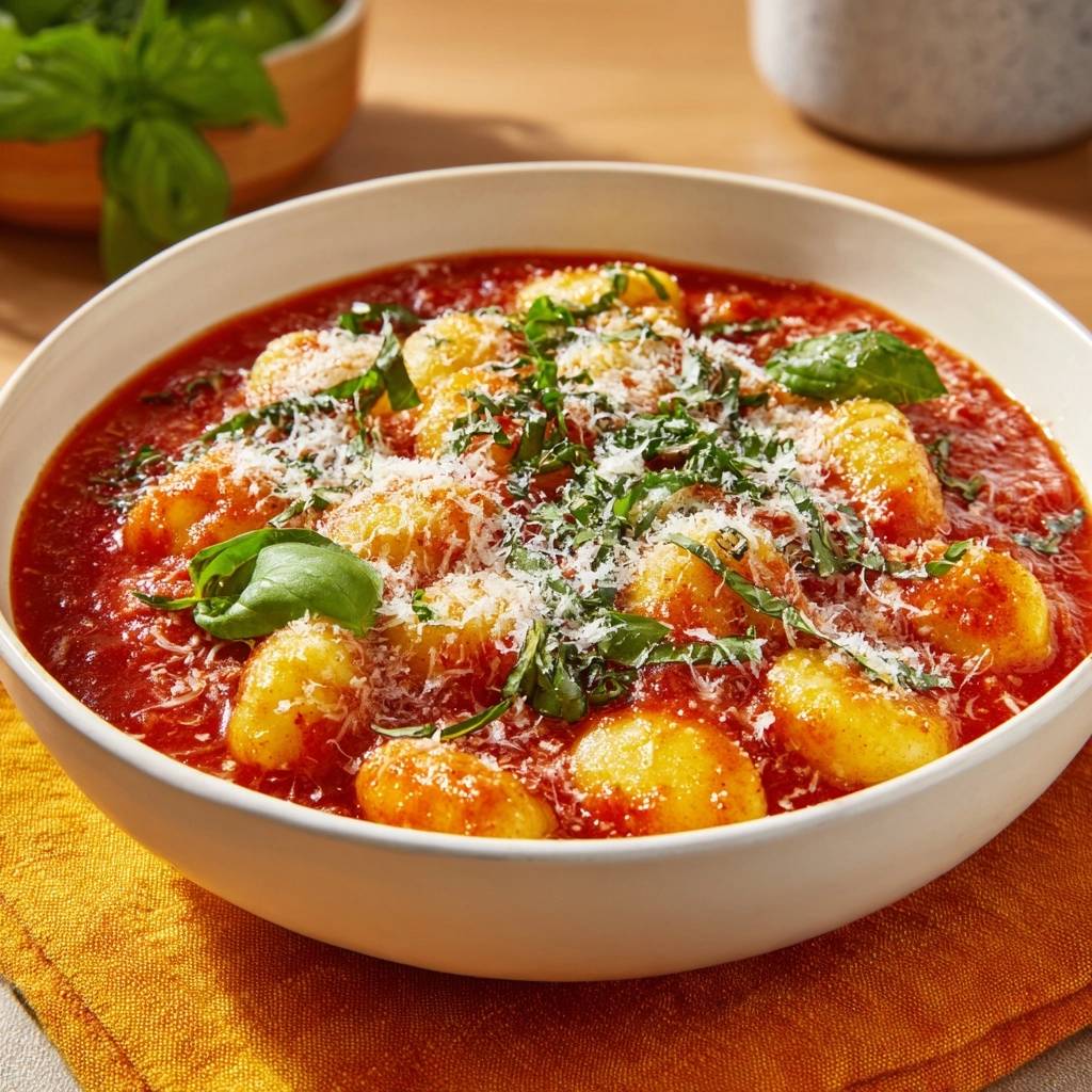 Gnocchi in Tomatensoße, serviert in einer weißen Schüssel, garniert mit frischem Basilikum und geriebenem Käse.