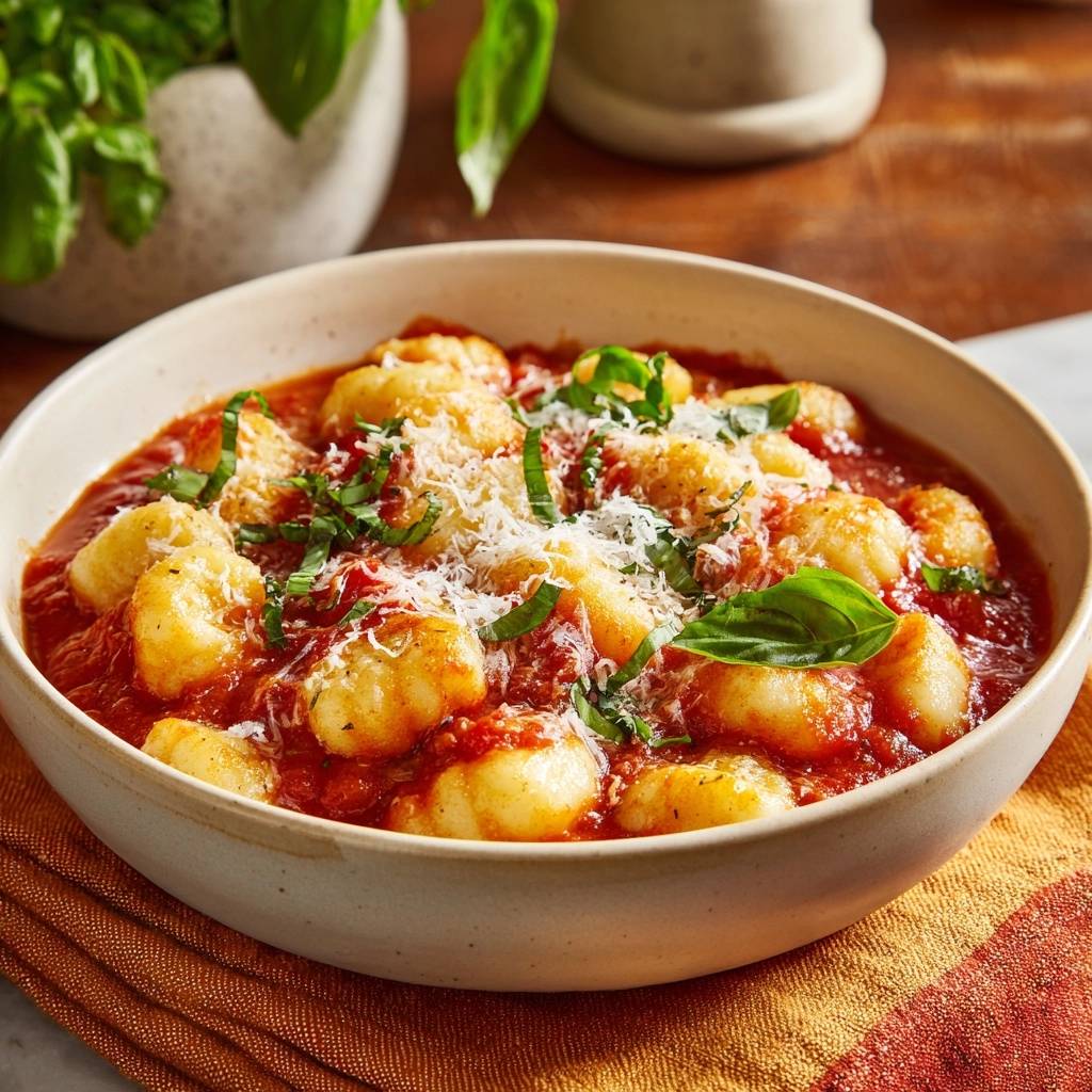 Gnocchi in Tomatensoße serviert in einer cremigen Schüssel, garniert mit frischem Basilikum und geriebenem Käse.