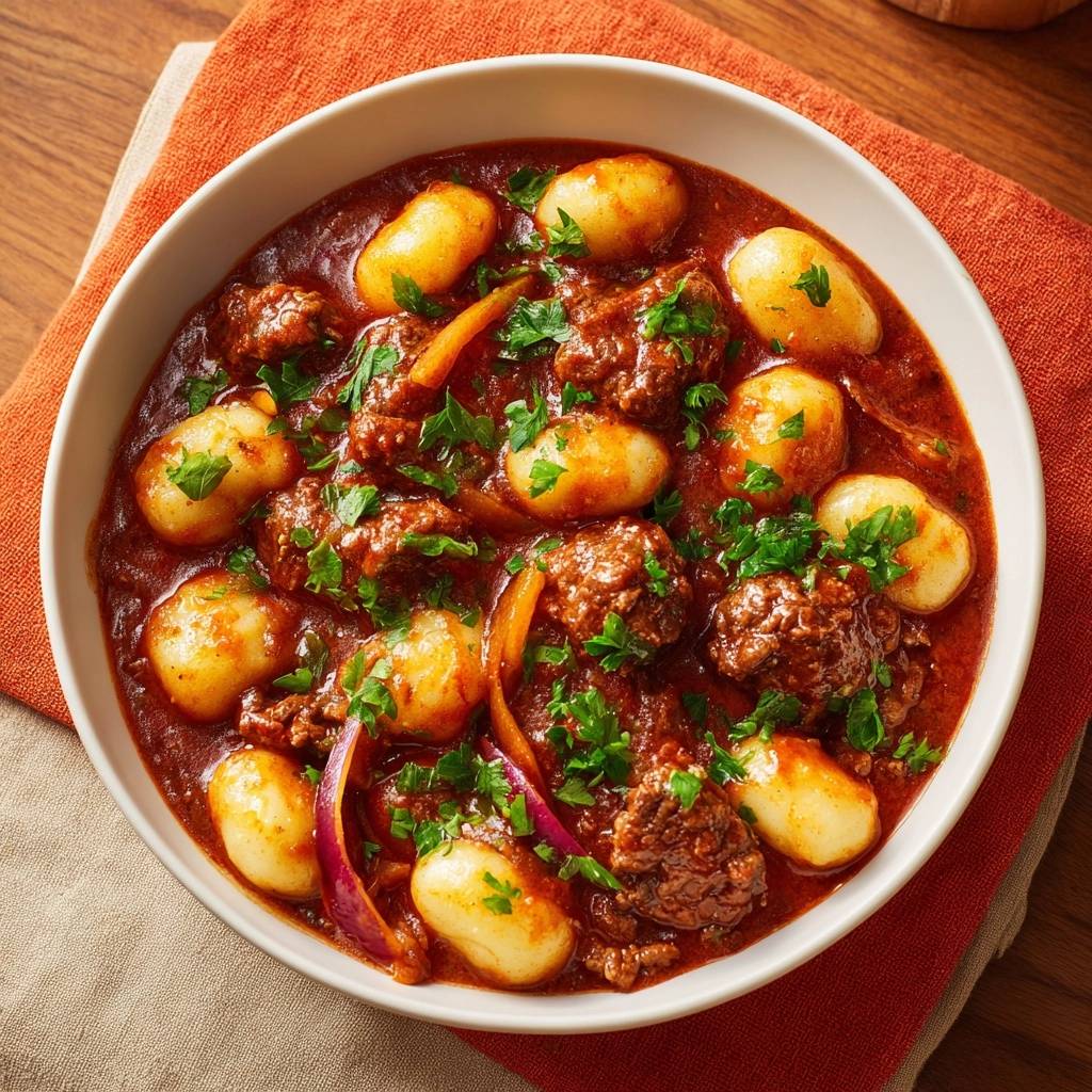 Gnocchi Mit Rinderhack Ragout Draufsicht 1 Gnocchi mit Rinderhack-Ragout in einer weißen Schüssel, von oben betrachtet. Das Gericht ist mit frischer Petersilie garniert.