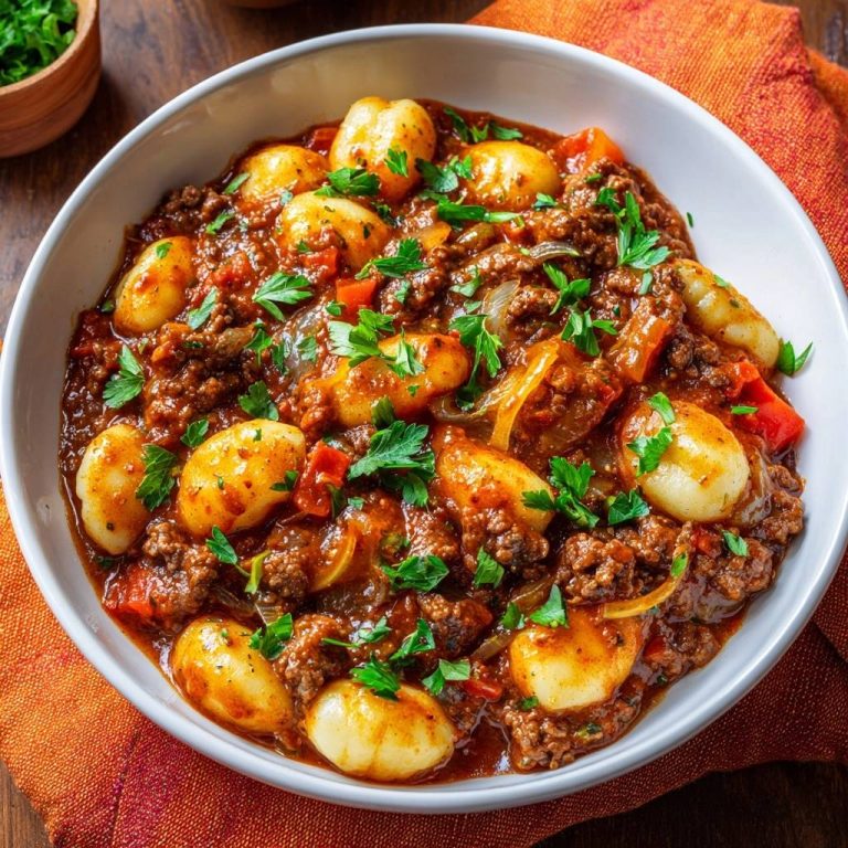 Gnocchi mit Rinderhack-Ragout, serviert in einer weißen Schüssel, garniert mit frischer Petersilie, und in einer köstlichen, reichhaltigen Sauce.